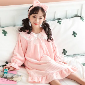 5-15y Vaikai Nightgowns Žiemos Mergaitės Sleepwear ilgomis Rankovėmis Kelio Ilgis vientisos Spalvos Saldus Peter Pan Apykaklės Vaikų Nightdress C30