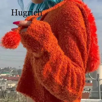 2020 m. Rudenį kawaii trumpas traukti femme megztinis plaukuotas pūkų kamuoliuką kailio apykakle gobtuvu pasėlių džemperis moterims megztas megztinis