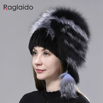 Gamtos purus skrybėlės stilingas žiemos moterų megztos audinės kailio kepurė su purus kamuolys fox fur earflap skrybėlę stilingas moterų bombonešis kailio kepurę