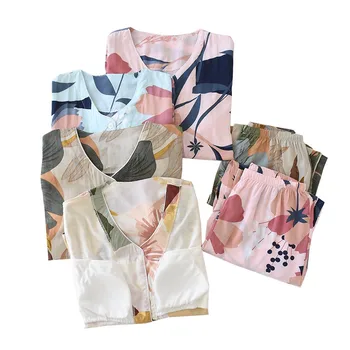 Visą Medvilnės Pižama Nustatyti Gėlių Spausdinti Moterų Sleepwear Paprastas Stilius Pavasarį Ir Vasarą Ilgomis Rankovėmis Megztinis+Kelnės Prarasti Homewear