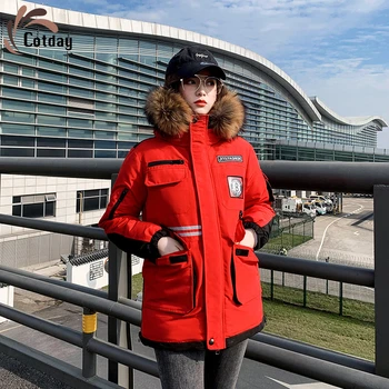 Cotday Storas, Trumpas, Su Gobtuvu Kailių Raudona Raidė Antpetis Elegantiškas Storio 2020 Mados Korėja Stiliaus Moteris Wiinter Šiltas Parko Paltai