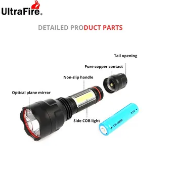 Ultrafire C8 T6 + COB Dirbti Avarinės Šviesos diodų (LED) Blykste Šviesos 4 Režimas Fakelas Žibintų Medžioklės Taktinis Kempingas Luz18650 Akinimo Flashlig
