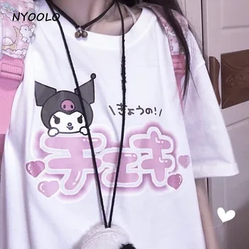 NYOOLO Vasarą cartoon Japonijos raidžių spausdinti trumpomis rankovėmis T-shirt moterims, drabužiai Harajuku saldus mergaičių, O-kaklo marškinėliai, topai