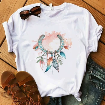 Vasaros Gėlės T-shirt Dreamcatcher T-shirt Grafikos Viršūnes Moterų Kawaii Streetwear Trumpas Rankovės moteriški marškinėliai