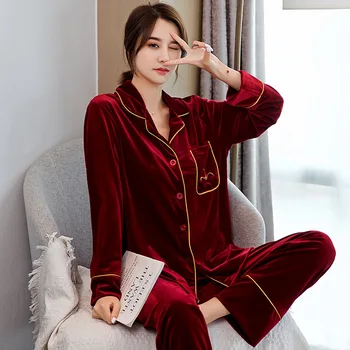 Moteris Rudens-Žiemos Sleepwear Ilgomis Rankovėmis Naktiniai Drabužiai Laisvi Namų Drabužių Nėrinių Apdaila Aukso Veliūras Miego Nustatyti Atsitiktinis Aksomo Pižama