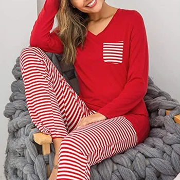 Kalėdos Print T-Marškinėliai, Pižamos Moterims, Drabužiai Žiemos Pijamas Kalėdų Moterų Pižama Nustatyti Medvilnės Sleepwear Ilgai Grotelės Kelnės