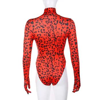 Vintage Red Leopard Print Golfo Ilgomis Rankovėmis Liesas Bodysuit Su Glovers Rudenį Seksualus Šalies Clubwear Apranga Bodycon Kūno Viršų