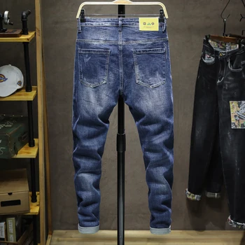 Vyrų Slim Jeans Mėlyna Ruožas Pavasario ir Rudens Mados Kelnės Išsiuvinėti Modelis Džinsinio audinio Kelnės Laisvalaikio Aukštos Kokybės Prekės Džinsai Vyrams