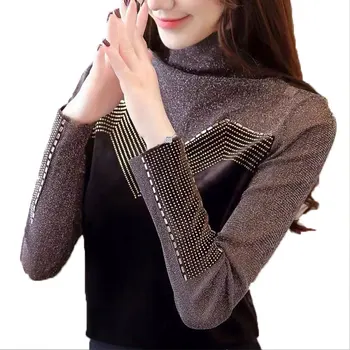 Plius Aksomo Diamond Dugno Marškinėliai Moterims 2020 M. Pavasarį Korėjos Ilgomis Rankovėmis Slim Golfo Nėrinių, Šilko Siūlėmis Šiltas Marškinėlius Moterims