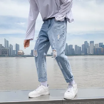 Mados vyriški džinsai markės skaldytų skylę kelnės plonas suplėšyti vyrų kietas medvilnės tiesus vamzdis, laisvi džinsai vintage plauti streetwear