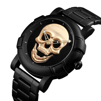 Kietas Vyras Steampunk Kaukolės Galvą, Žiūrėti Vyrai 3D Skeletas Graviruotas Aukso Black Meksika Punk Rock Ciferblatas Laikrodis Laikrodžiai relogio masculino