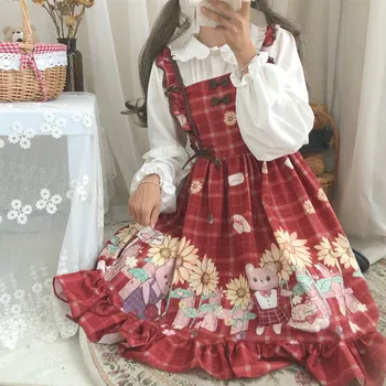 Kawaii Šviesos Lolita dress Japonijos Minkštas Mergina Vėjo Mielas Lokys Mergina Diržas Saldus Rankovių Aukštos Juosmens Suknelė