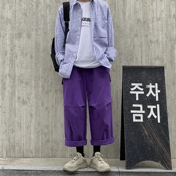 Vyrai Korėjos Fashoins Haremo Kelnės 2021 Mens Harajuku Streetwear Derlius Krovinių Kelnės Plačios Kojos Poilsiu Violetinė Sweatpants