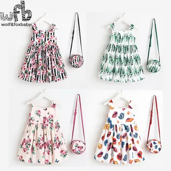Mažmeninės prekybos 2-8 metų rankovių mergina medvilnės spausdinti suknelė + krepšys vest princesė vaikų vasaros linų Šalies stiliaus