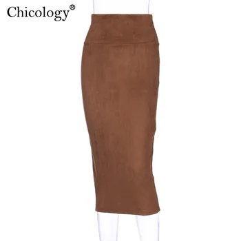 Chicology suede seksualus, elegantiškas, aukštos juosmens midi pieštuku sijonas moterims bodycon slim fit 2019 m. rudenį, žiemą atsitiktinis offic lady drabužiai
