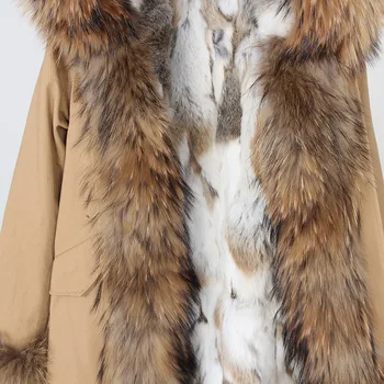 Gamtos tikro Kailio Rex Triušio Parko Kamufliažas ilgas žieminis paltas su gobtuvu, moterų žiemos striukė gamtos nekilnojamojo kailių apykaklės kailio įdėklas