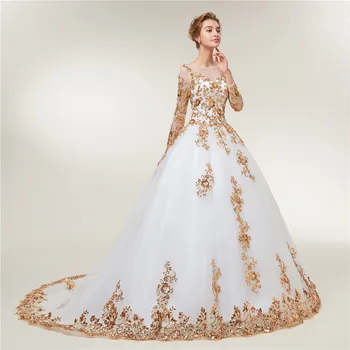 Fansmile ilgomis Rankovėmis Aukso Nėrinių Vestido De Noiva Vestuvių Suknelės 2020 Traukinio, pagaminti pagal Užsakymą, Plius Dydis Vestuvių Vestuvių Suknelės FMV-404T