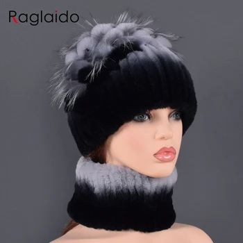 Natūralaus kailio kepurės žiemai moterų nekilnojamojo triušio kailiniai skrybėlės Naujų mados stiliaus Skrybėlę, Šaliką Nustato nekilnojamojo kailių kutas lady kepurės
